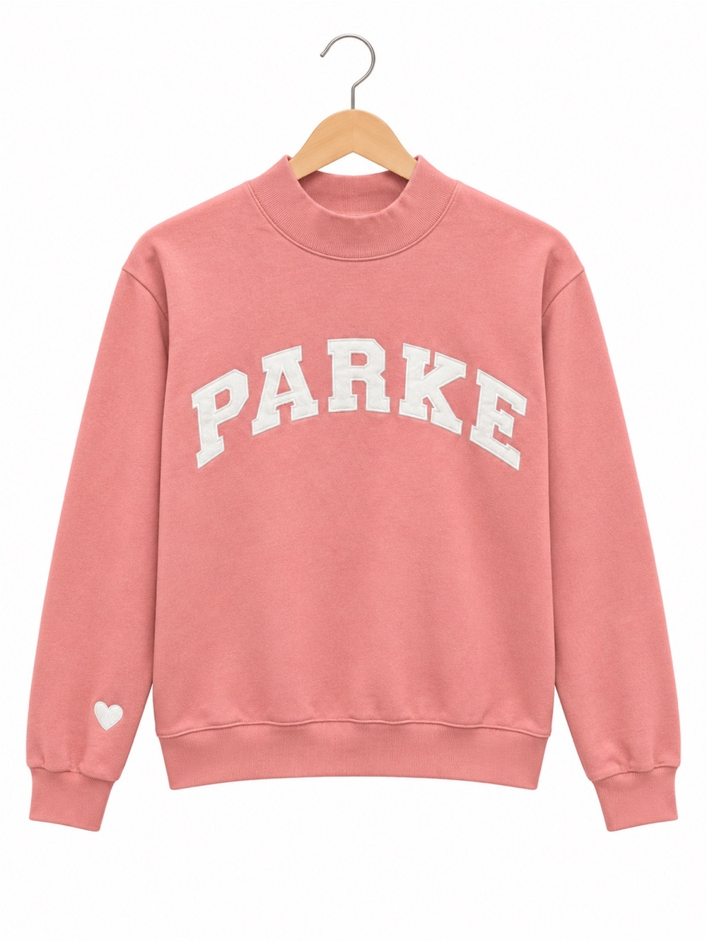 PARKE Pink Valentine’s Day Varsity Mockneck Sweatshirt Soft Blush Heart Detail S